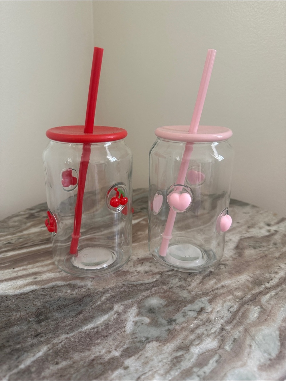 Pink and Red Heart & Cherry Glass Canister Tumblers with Lids and Straws